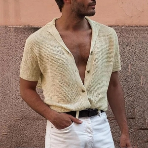 Detailed view of the hollow knit texture and vintage collar on a men's short sleeve cardigan