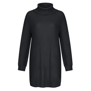 Detail of black turtleneck knit dress featuring premium vertical ribbed texture and stitching