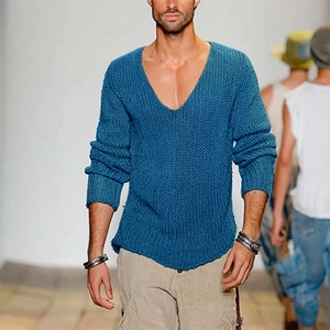 Men's loose knit V-neck sweater in peacock blue with textured weave and long sleeves