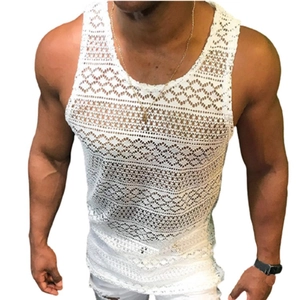 Men's slim fit white lace tank top with hollow out geometric pattern and crew neck style