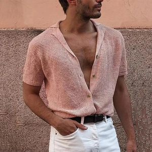 Men's pink knit short sleeve button-down shirt with retro lapel and breathable texture