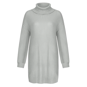 Detailed texture of gray knit turtleneck dress showing rib-knit pattern and soft fabric