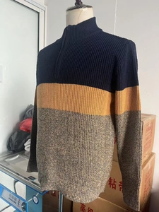 Detail of navy, ginger and grey patchwork knit sweater with quarter-zip ribbed collar