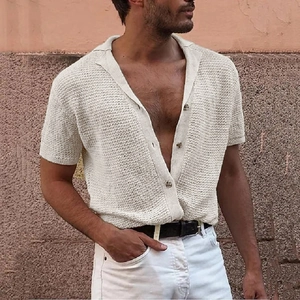 Men's retro knit polo cardigan in beige with short sleeves and button-down front