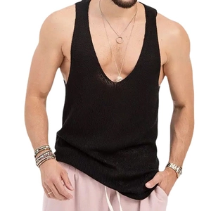 Men's minimalist black deep V-neck knit tank top with breathable crochet texture