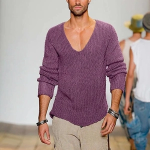 Men's loose fit purple knit sweater with deep V-neck design for casual style