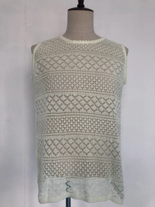 Close-up of geometric diamond crochet pattern on men's sleeveless hollow knit tank top