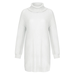 Macro detail of the high turtleneck and rib-knit texture on this white sweater dress