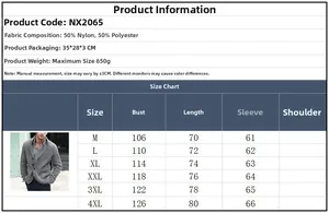 Size chart table for men's knit cardigan with fabric details and dimensions in centimeters