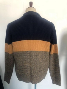 Detailed back view of men's knit sweater featuring three-color horizontal stripes