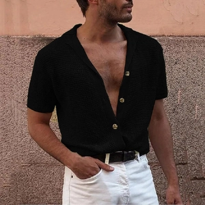 Men's black short sleeve knit cardigan with gold buttons and casual V-neck lapel