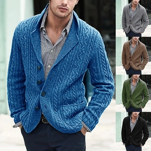 Detail view of mens cable knit cardigan with shawl collar and buttons in five colors