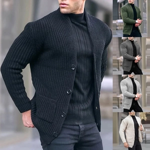 Men's Casual Knit Cardigan Sweater Stand Collar Button Down Ribbed Warm Outwear Long Sleeve Knitted Jacket With Pockets Autumn Winter