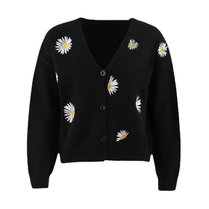 Women's black V-neck knit cardigan with white daisy embroidery and button-up closure