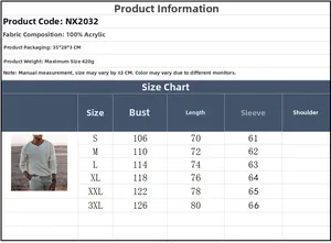 Detailed size chart and material info for men V-neck long sleeve knit sweater in acrylic