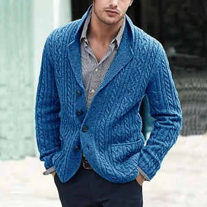 Men's blue cable-knit cardigan with lapel collar and classic buttons in outdoor setting