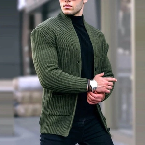 Army green men's ribbed knit cardigan with shawl collar and pockets in urban casual style