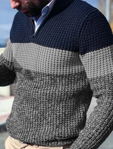 Detailed close-up of heavy knit texture and semi-zipper collar on men's striped sweater
