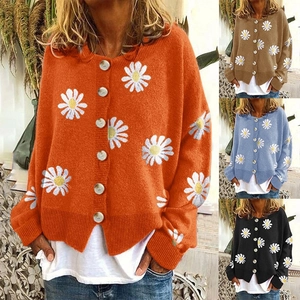 Women's Daisy Embroidered Knit Cardigan Casual Round Neck Long Sleeve Button Up Sweater Soft Sheep Cashmere Blend Outwear