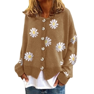 Brown knit cardigan sweater for women featuring white daisy floral embroidery and buttons