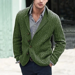 Men's sage green cable knit cardigan with shawl collar and button closure
