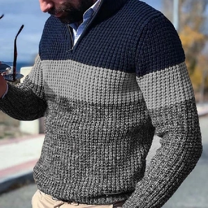 Men's slim fit quarter-zip knit sweater in navy blue and grey tricolor patchwork design