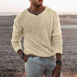 Men's loose V-neck long sleeve waffle knit sweater in beige for casual outdoor wear
