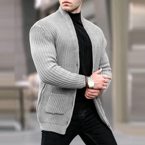 Men's grey chunky knit cardigan with stand collar and pockets in casual urban style
