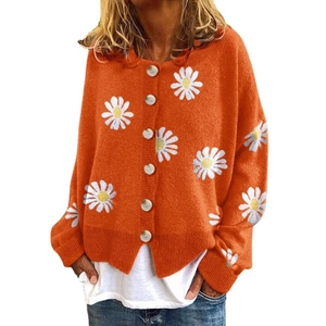 Cozy orange knit cardigan with white daisy floral embroidery and grey button closure