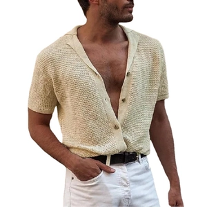 Men's cream knit short sleeve cardigan with polo collar and mesh texture