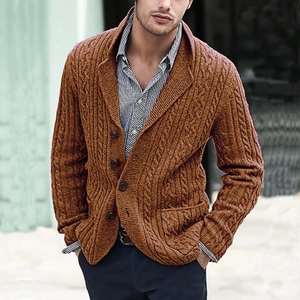 Men's rust red shawl collar cable knit cardigan with buttons and side pockets