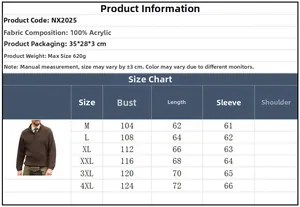 Size guide for men's V-neck knit sweater featuring detailed measurements from M to 4XL