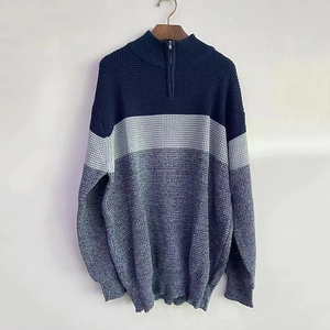 Men's quarter-zip knit sweater featuring a three-color block design in navy and grey