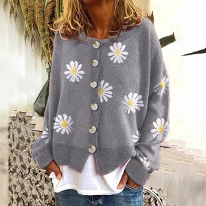 Cozy grey knit cardigan featuring large white daisy embroidery and button-up front closure