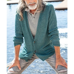 Men's loose knit cardigan in teal blue with V-neck, button closure and textured fabric