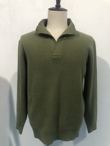 Close-up of dark green ribbed knit texture and half-placket collar on men sweater