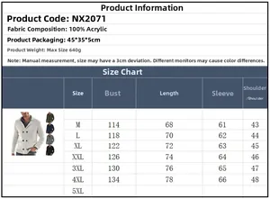 Detailed size chart for men's knit cardigan showing measurements from M to 4XL sizes