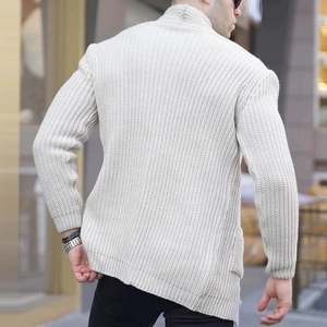 Rear view of men's white chunky knit cardigan with stand collar and ribbed texture