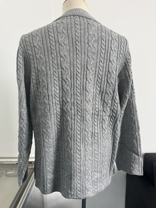 Detail of grey knitted cardigan showing vertical cable knit pattern on back view
