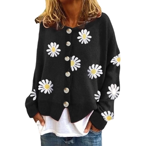 Women's black knit cardigan with white daisy embroidery and casual button-up style