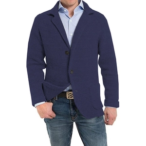 Men's navy blue waffle knit cardigan sweater with notch lapel and patch pockets