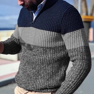 Men's slim fit color-block knit sweater with quarter-zip and ribbed texture