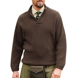 Detail of men's dark brown ribbed knit sweater with a zip neck and vertical texture