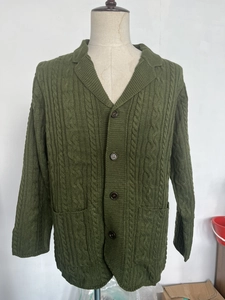 Detail of olive green cable-knit cardigan showing classic texture and button closure