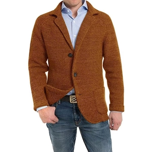 Men's coarse knit cardigan sweater in dark brown with button closure and lapel collar