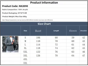 Size chart for men's knit cardigan featuring detailed measurements from S to 3XL