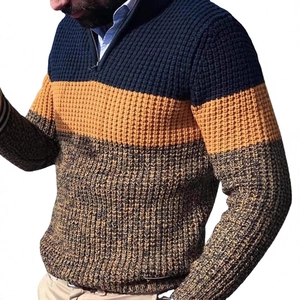 Men's slim fit knit sweater featuring a three-color patchwork design and half-zip collar