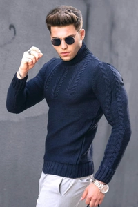 Detailed cable-knit texture on a slim fit men's navy blue turtleneck sweater