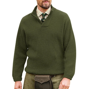 Men's slim fit V-neck knitted sweater in dark green with ribbed texture and half-zip collar
