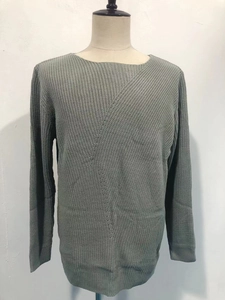 Detail of grey-green chunky knit sweater showing the waffle texture and round neckline